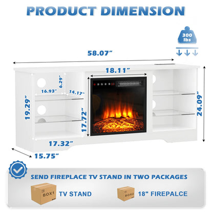 Waleaf Fireplace TV Stand with 18'' Fireplace for TVs up to 65 inch, Two Adjustable Glass Shelves