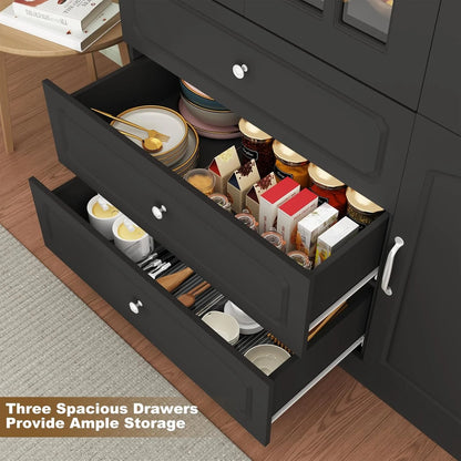 Blotout 78.7" Tall Kitchen Pantry Cabinet with 2 Glass Doors, Large Drawer Storage Cabinet with Shelves, Freestanding Storage Cabinet for Dining Room and Living Room