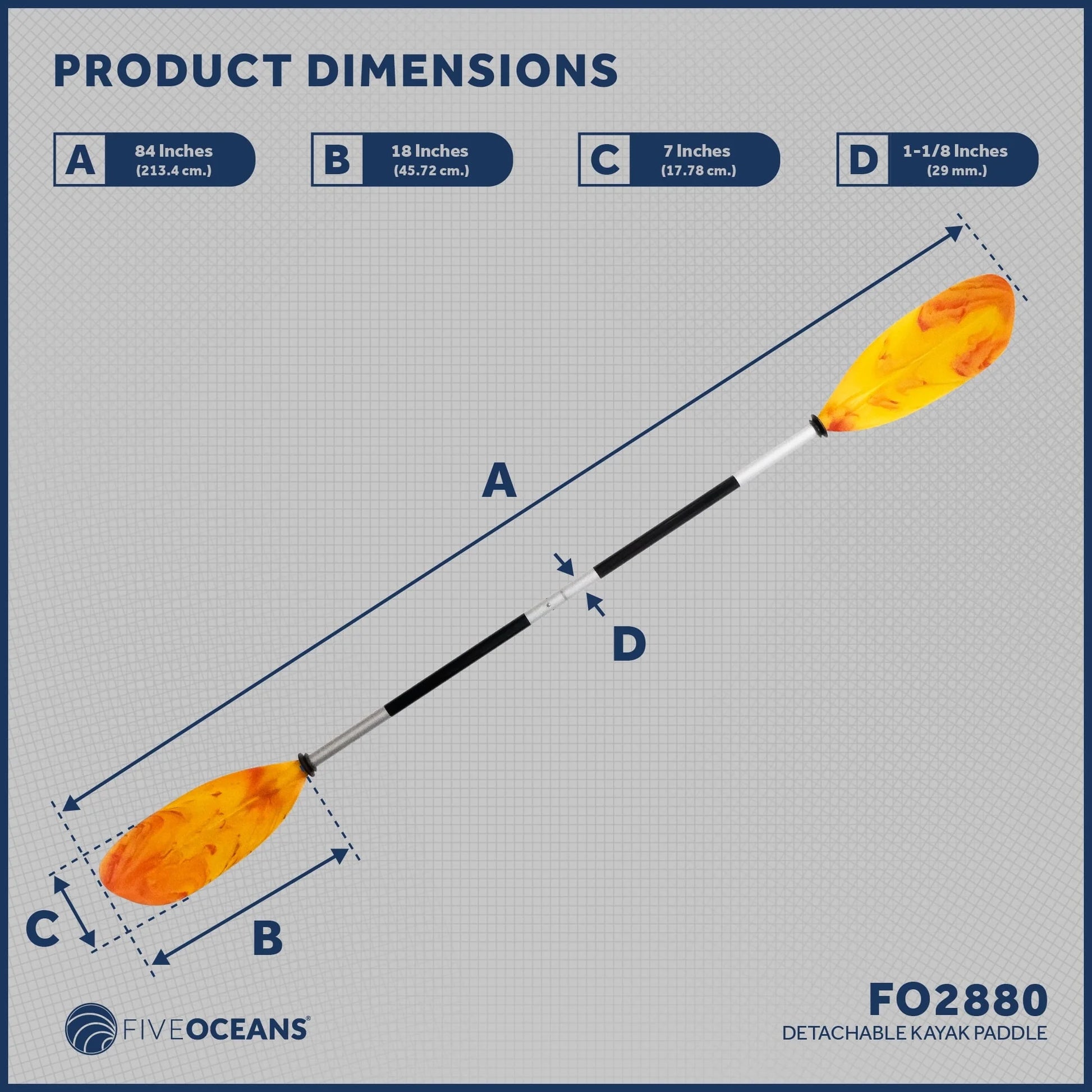 Five Oceans Kayak Paddles, 84" - 7ft Kayak Fishing Paddle, Detachable Heavy-Duty Aluminum Shaft, Reinforced Fiberglass Blades, 2-Piece Snap-Button, Lightweight Paddle Design for all Kayaks - FO2880