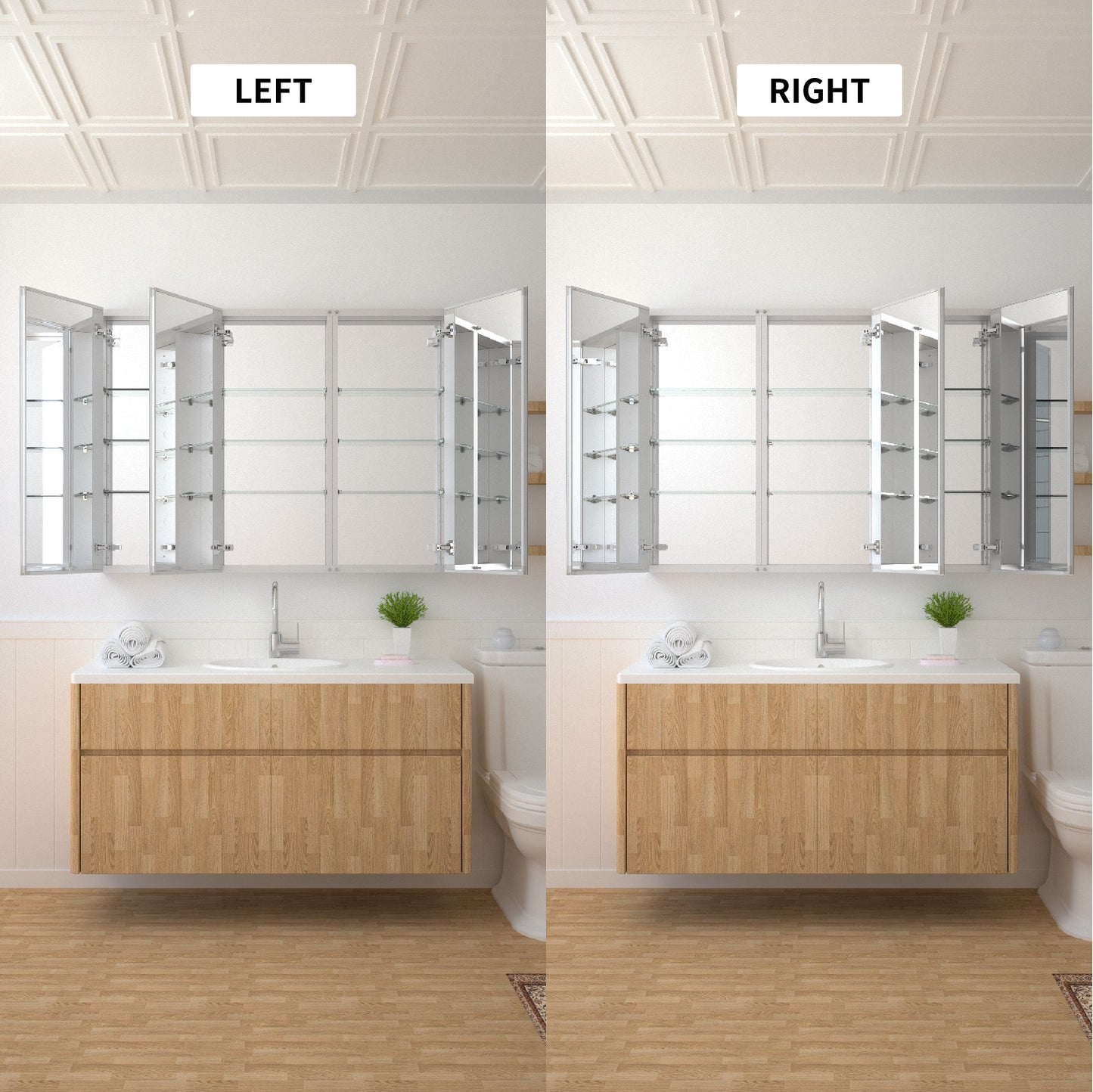 Taimei 48" W x 36" H x 4°?D Aluminum Medicine Cabinet with Three(3) Frameless Beveled Mirror Doors, Interior Mirrors,Color Satin, Adjustable 3 Glass Shelves, Soft Closure. By: FOCA US