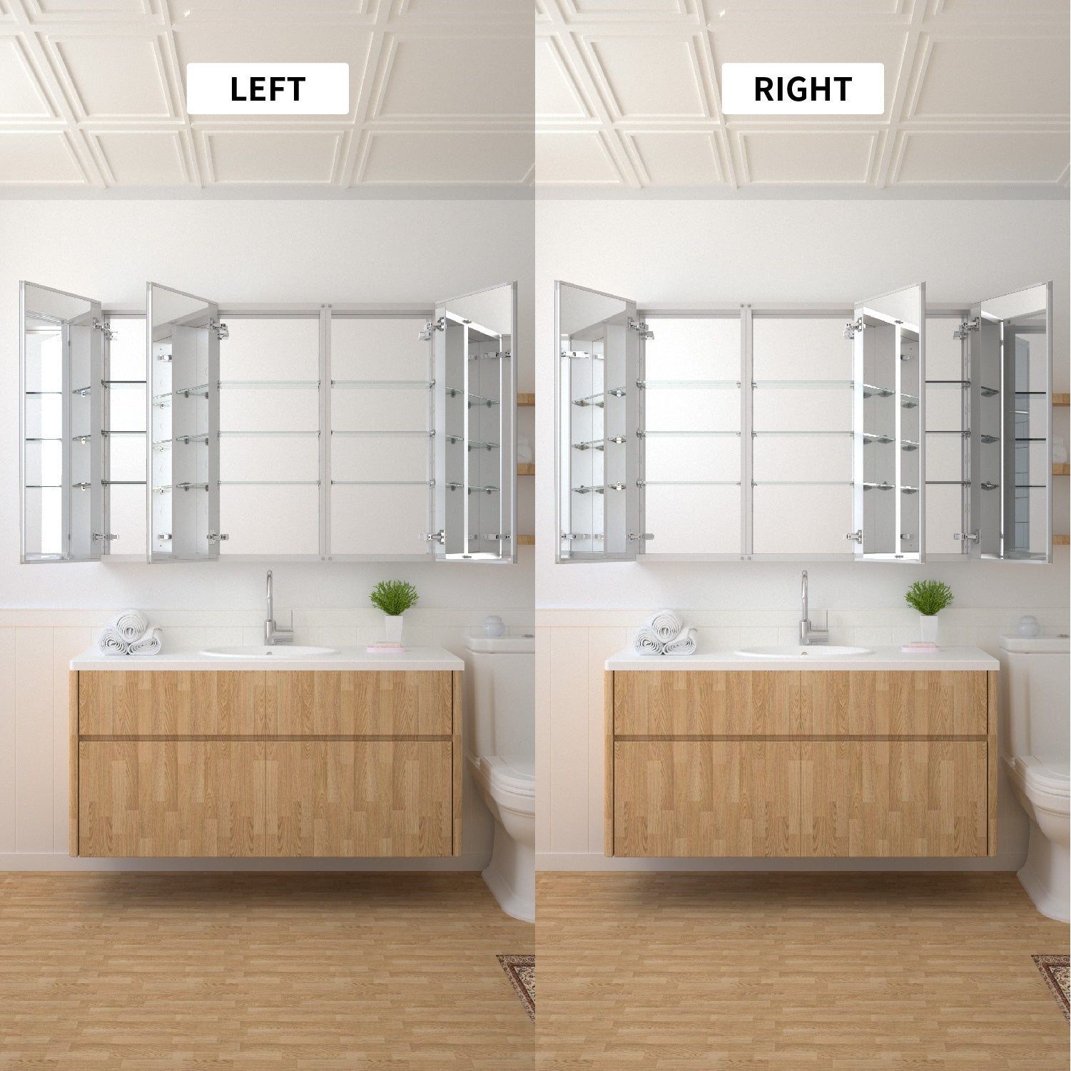 Taimei 48" W x 36" H x 4°?D Aluminum Medicine Cabinet with Three(3) Frameless Beveled Mirror Doors, Interior Mirrors,Color Satin, Adjustable 3 Glass Shelves, Soft Closure. By: FOCA US