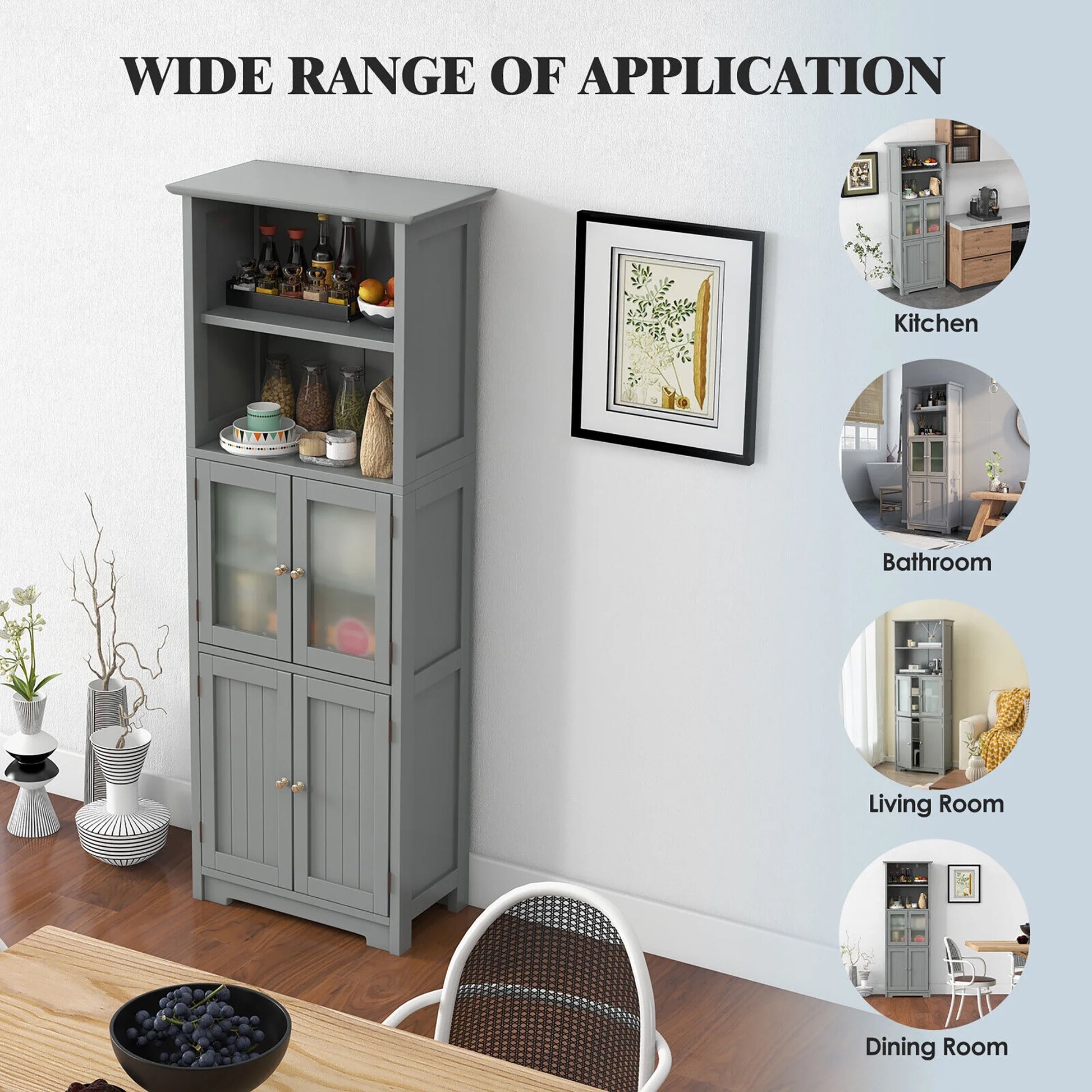 Gymax Bathroom Tall Storage Cabinet Linen Tower w/Glass Door & Adjustable Shelf Grey