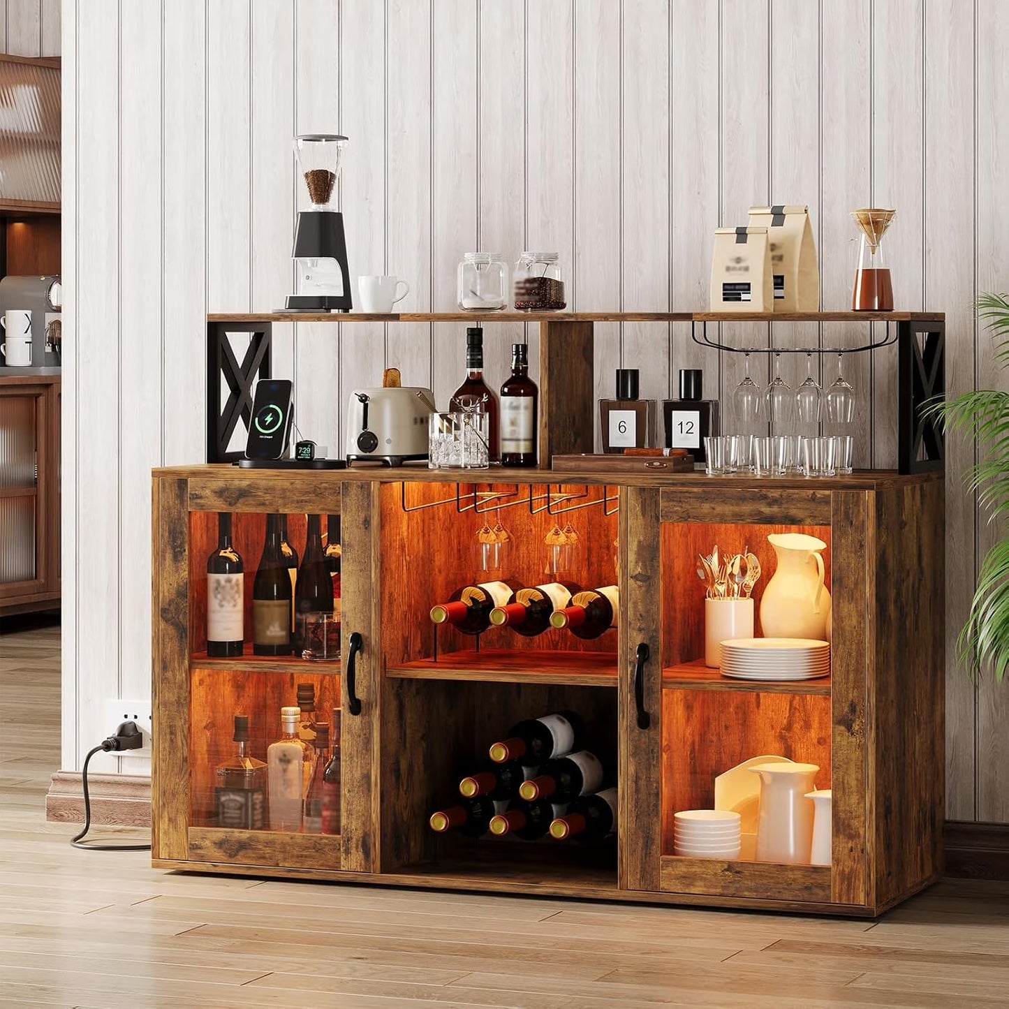 Home Wine Bar Cabinet with LED Light, Industry Coffee Bar Cabinet with Wine Rack, Glass Holder, and Power Outlets, Kitchen Sideboard Buffet Cabinet for Living Room Dining Room