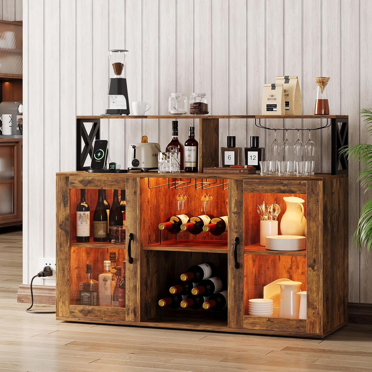 Home Wine Bar Cabinet with LED Light, Industry Coffee Bar Cabinet with Wine Rack, Glass Holder, and Power Outlets, Kitchen Sideboard Buffet Cabinet for Living Room Dining Room