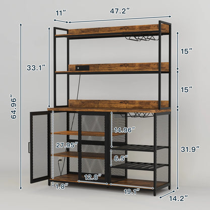 Kepooman Coffee Bar Cabinet with Power Outlet, Industrial Buffet Cabinet with LED Strip and Glass Holder, 3-Tiers Liquor Cabinet Bar for Home, Dining Room, Kitchen, Vintage Brown