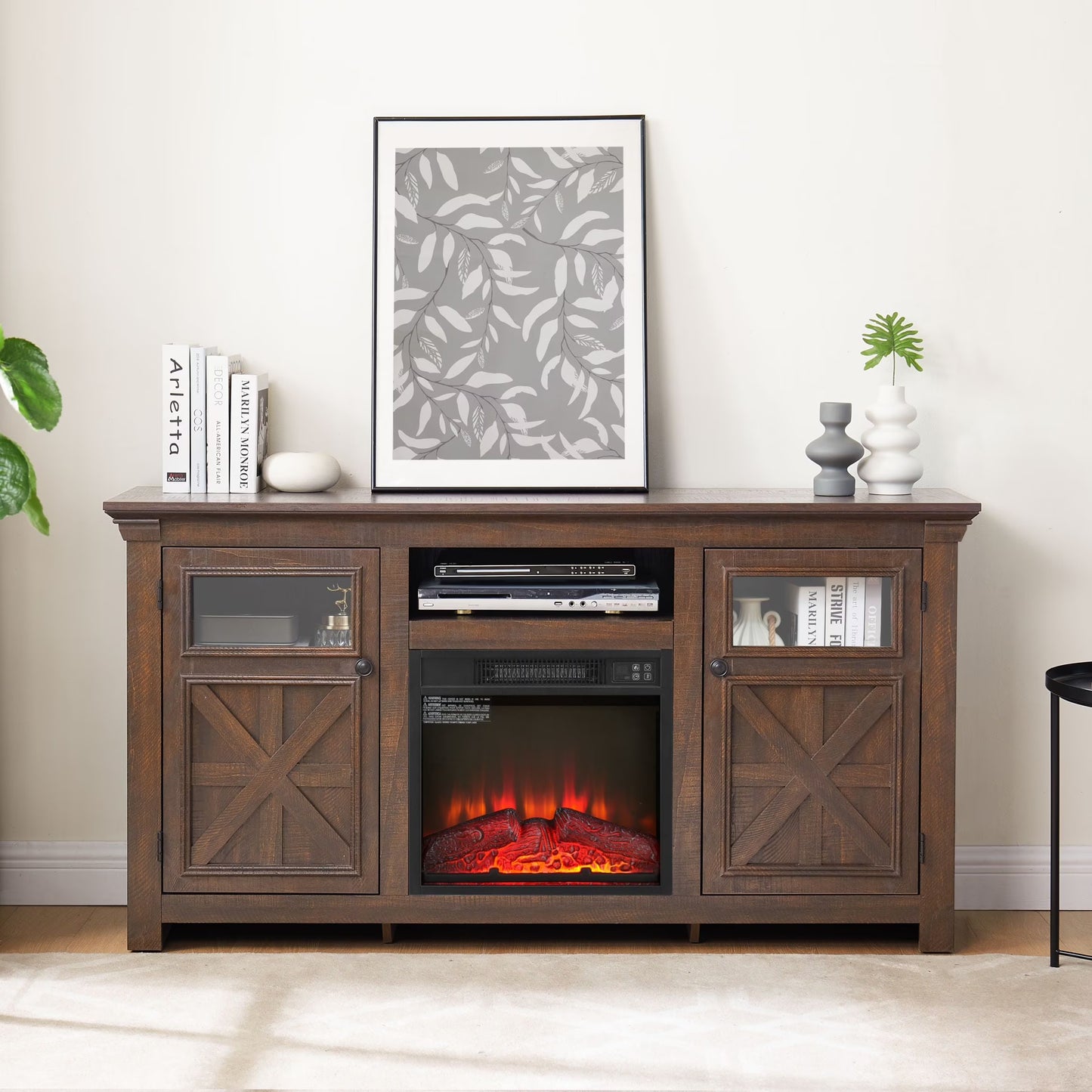 60" Farmhouse Fireplace TV Stand for TVs up to 70 inch, Entertainment Center with 18" Electric Fireplace,Rustic TV with Glass Barn Doors for Living Room, Adjustable Shelf