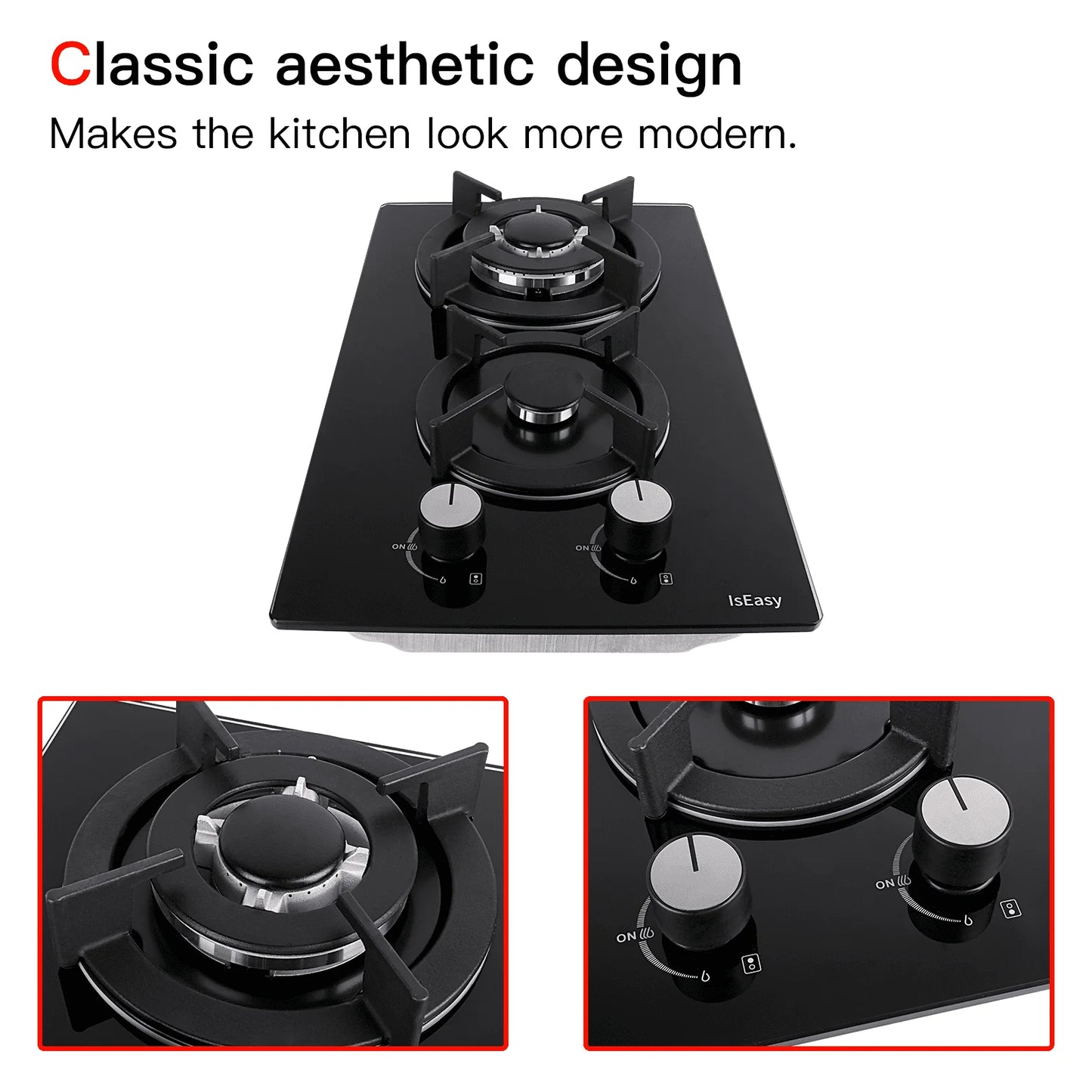 IsEasy Tempered Glass Gas Cooktop, 12” 2 Burners 120V Built-in Gas Hob Suitable For Dual Fuel LPG/NG, Thermocouple Protection