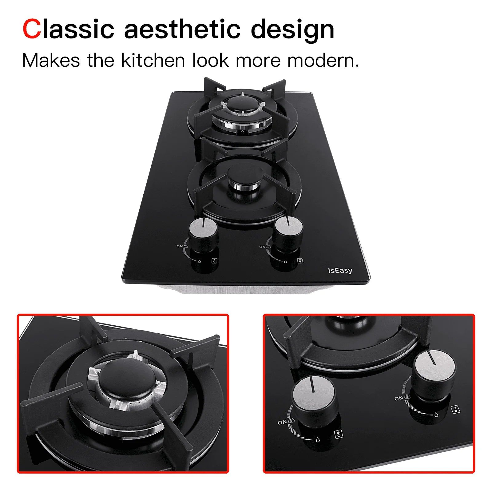 IsEasy Tempered Glass Gas Cooktop, 12” 2 Burners 120V Built-in Gas Hob Suitable For Dual Fuel LPG/NG, Thermocouple Protection