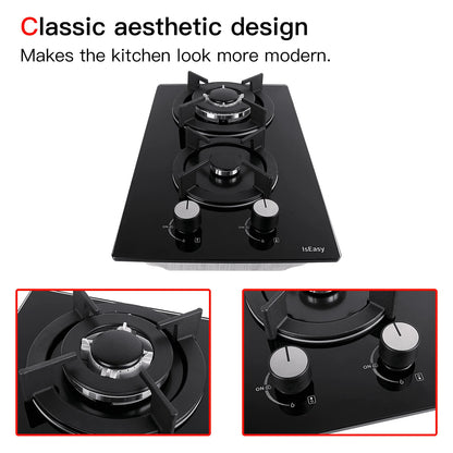 IsEasy Tempered Glass Gas Cooktop, 12” 2 Burners 120V Built-in Gas Hob Suitable For Dual Fuel LPG/NG, Thermocouple Protection