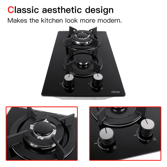 IsEasy Tempered Glass Gas Cooktop, 12” 2 Burners 120V Built-in Gas Hob Suitable For Dual Fuel LPG/NG, Thermocouple Protection
