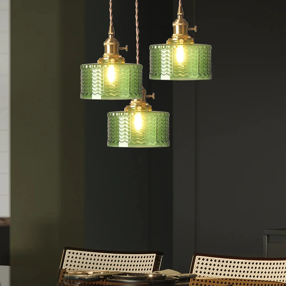 Arturesthome Classic Vintage Green Glass Pendant Light Cylinder Wavy Small Light Fixture