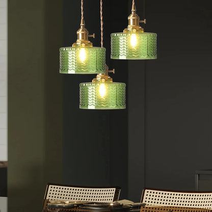 Arturesthome Classic Vintage Green Glass Pendant Light Cylinder Wavy Small Light Fixture