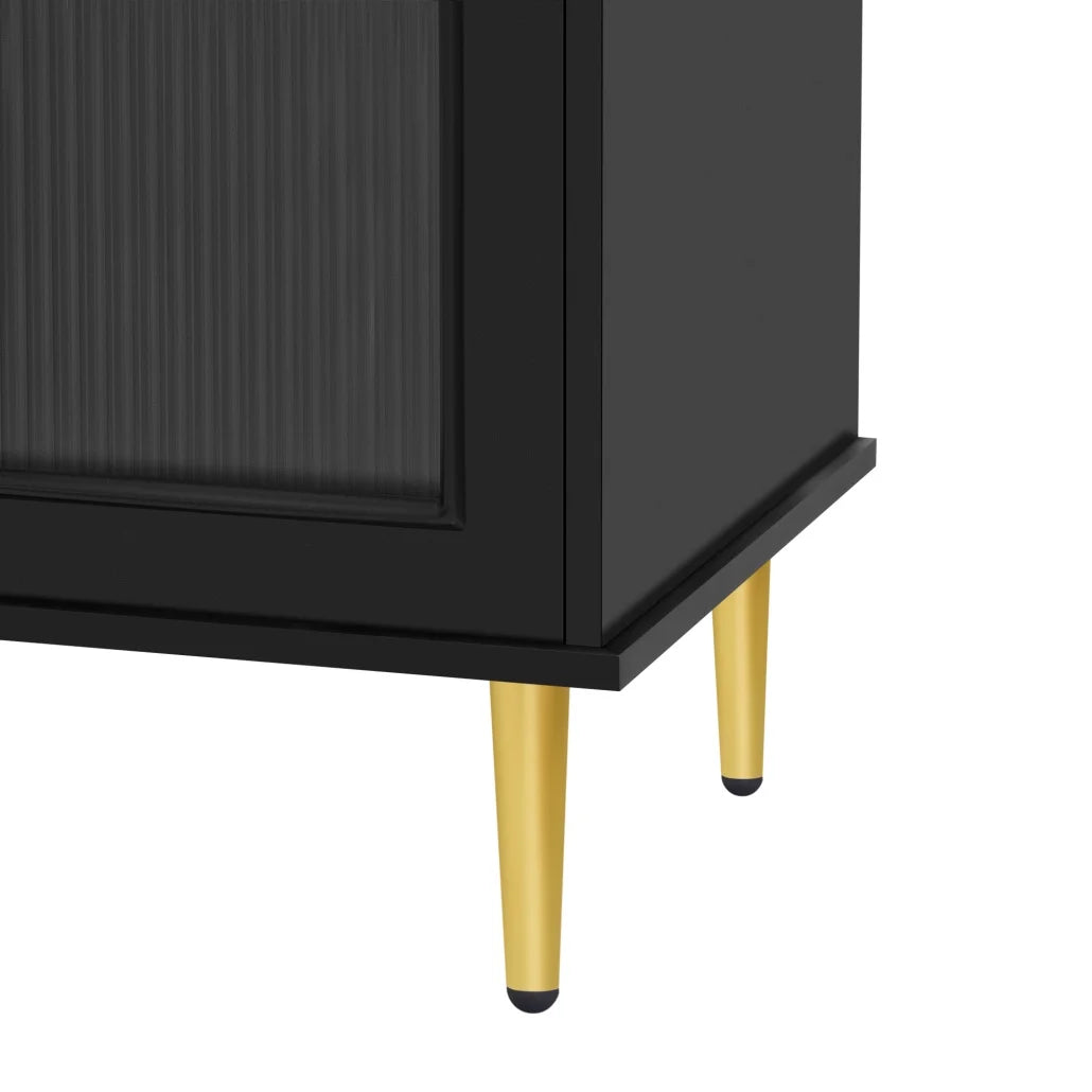 Modern 85 Inch TV Stand with Drawers and Glass Cabinets, Media Console for Living Room and Bedroom, Black MDF Entertainment Center with Cable Management and Adjustable Legs