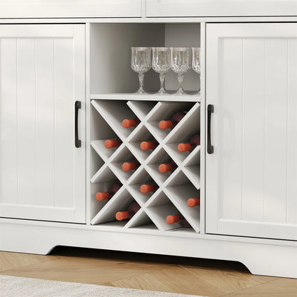 LAFGUR 72" Kitchen Storage Cabinet with Power Outlet & LED Light, Coffee Bar Cabinet with Drawers & Wine Glass Rack,Sideboard for Home,White