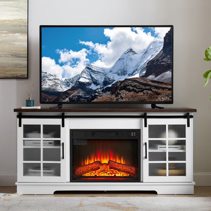 IMKHK TV Stand with Remote Control Fireplace, Media Entertainment Center for TVs up to 70", Farmhouse TV Console Table with Sliding Glass Doors and 2 Storage Cabinets for Living Room, Charcoal Gray