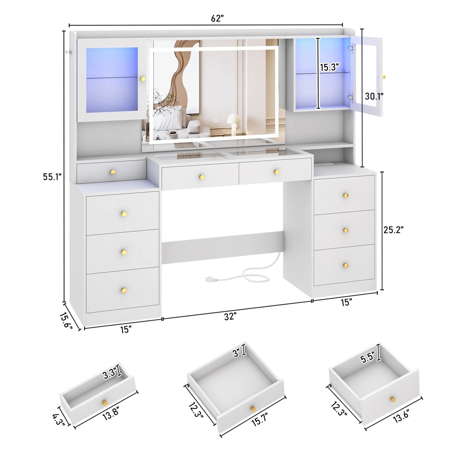 ChVans 62'' Large Vanity Desk with Tempered Glass Top, 60000-color LED Lights, Charging Station, White Makeup Vanity with 3 Lights Mode LED Mirror, 9 Drawers, 2 RGB cabinets for Women, Girls Gift