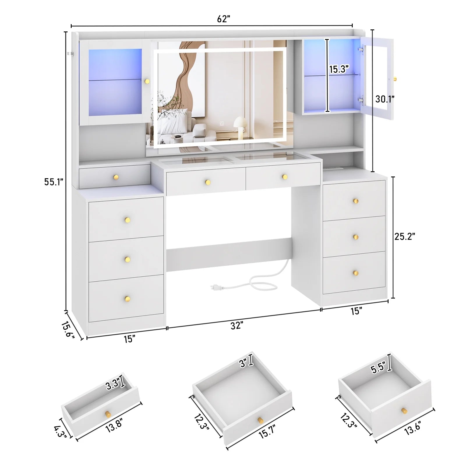 ChVans 62'' Large Vanity Desk with Tempered Glass Top, 60000-color LED Lights, Charging Station, White Makeup Vanity with 3 Lights Mode LED Mirror, 9 Drawers, 2 RGB cabinets for Women, Girls Gift