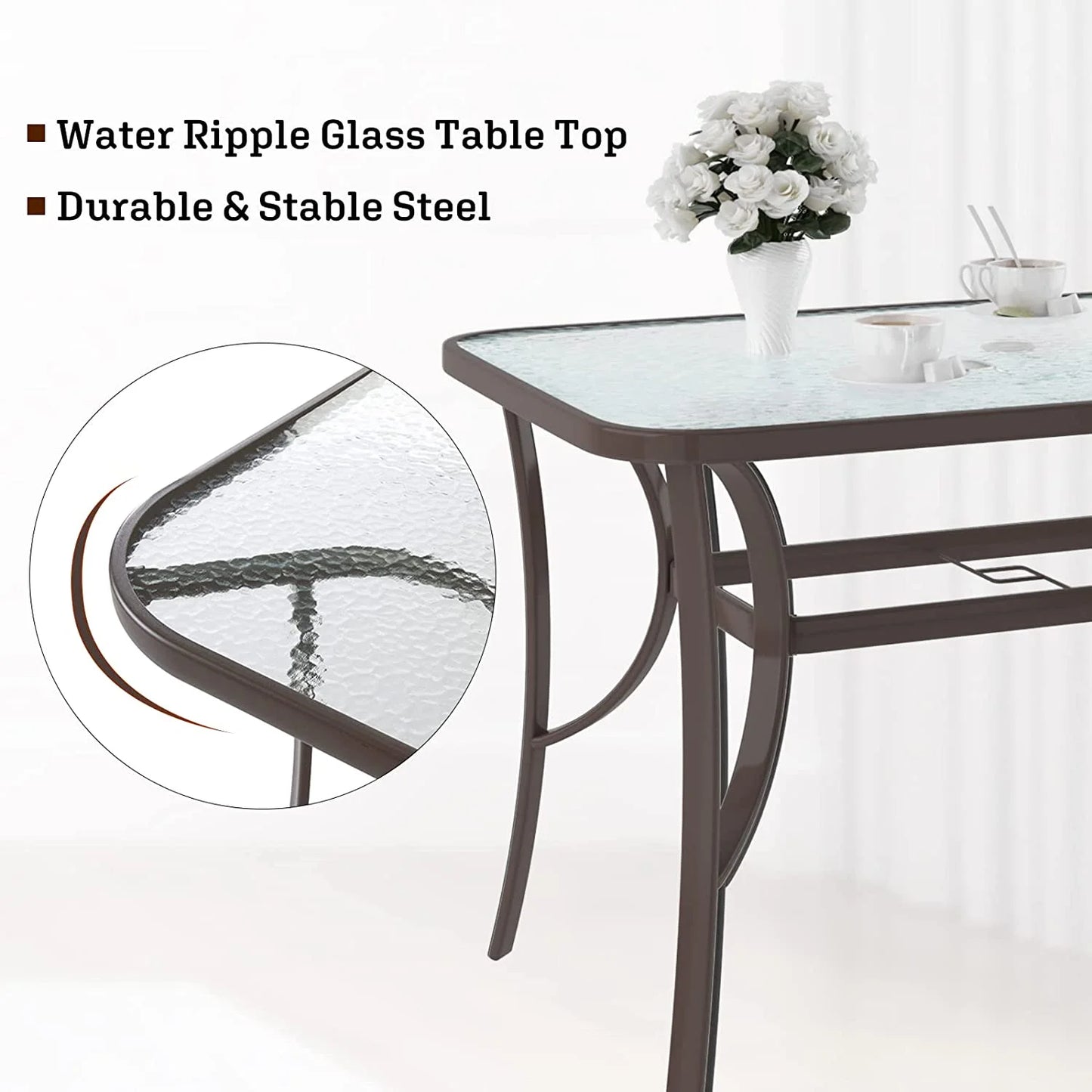 Soges 47 Inch Outdoor Tempered Glass Table Patio Table, Patio Coffee Table, Outdoor Dining Table for Garden, Balcony, Backyard, Poolside, Lawn, Bistro Table with Umbrella Hole, Black