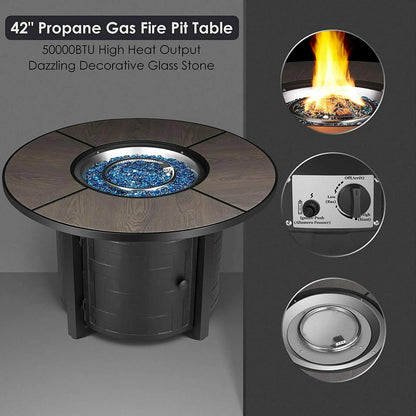 HOMFY 42" Propane Fire Pit Table 50,000 BTU Round Table Stove Patio Fireplace with Blue Glass Rocks and Rain Cover