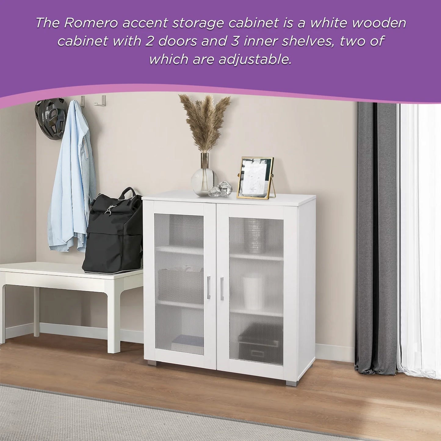 Kings Brand Furniture Wood Curio Accent Cabinet with 2 Frosted Glass Doors, 3 Inner Shelves, White