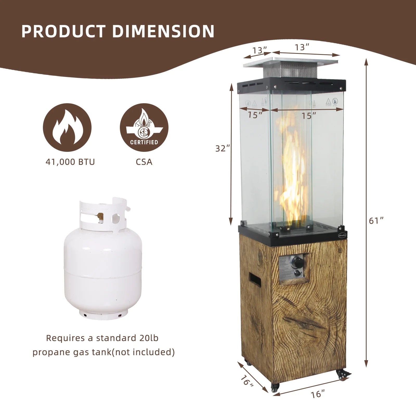 Glass Top + Terrafab Base Fire Heater Internal Gas Tank KD Column
