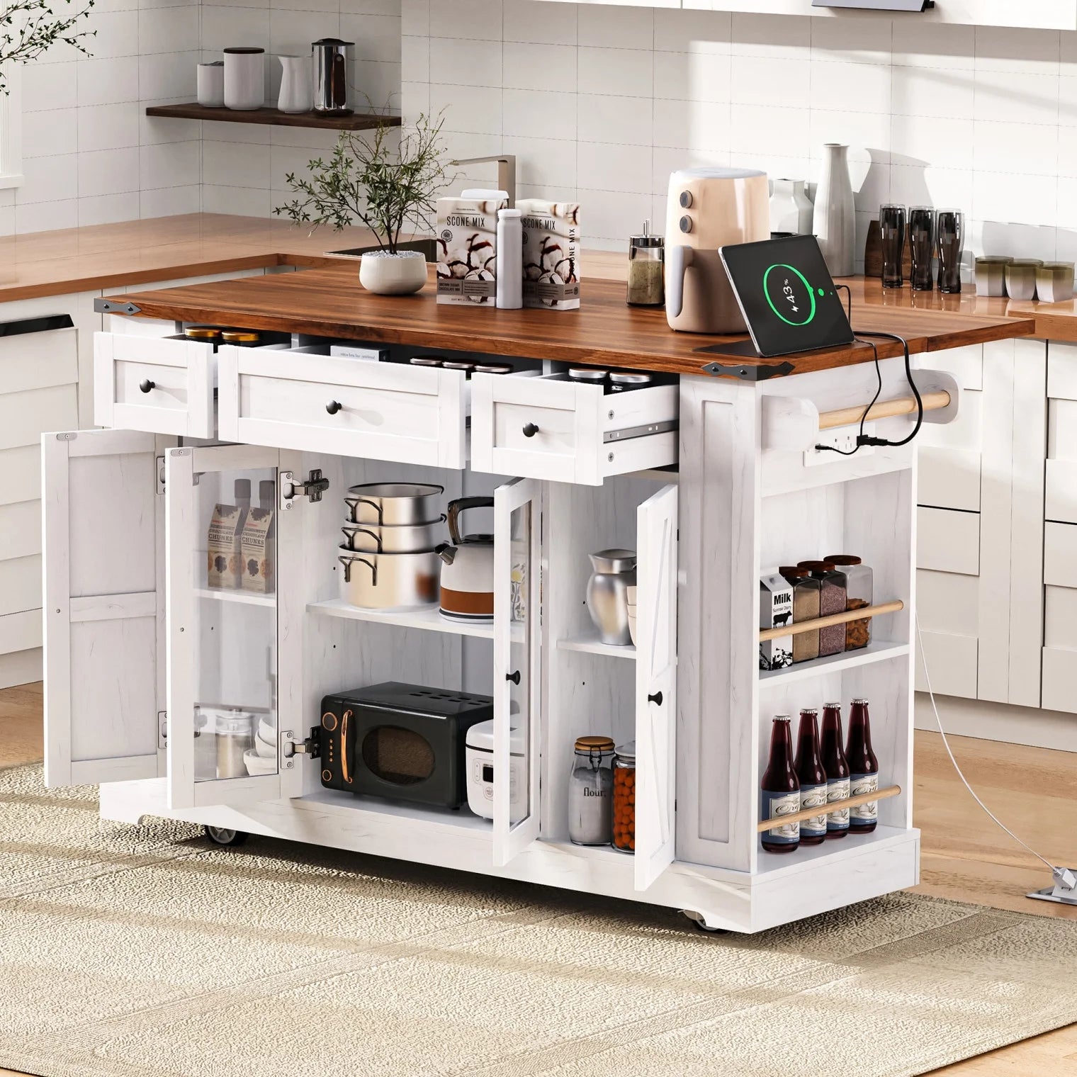 53'' Farmhouse Kitchen Island with Two Tempered Glass Cabinet Doors, Kitchen Rolling Island with Power Outlet 5 Open Side Racks and 3 Drawers,Mobile Island Table for Kitchen, Dining Room,Black