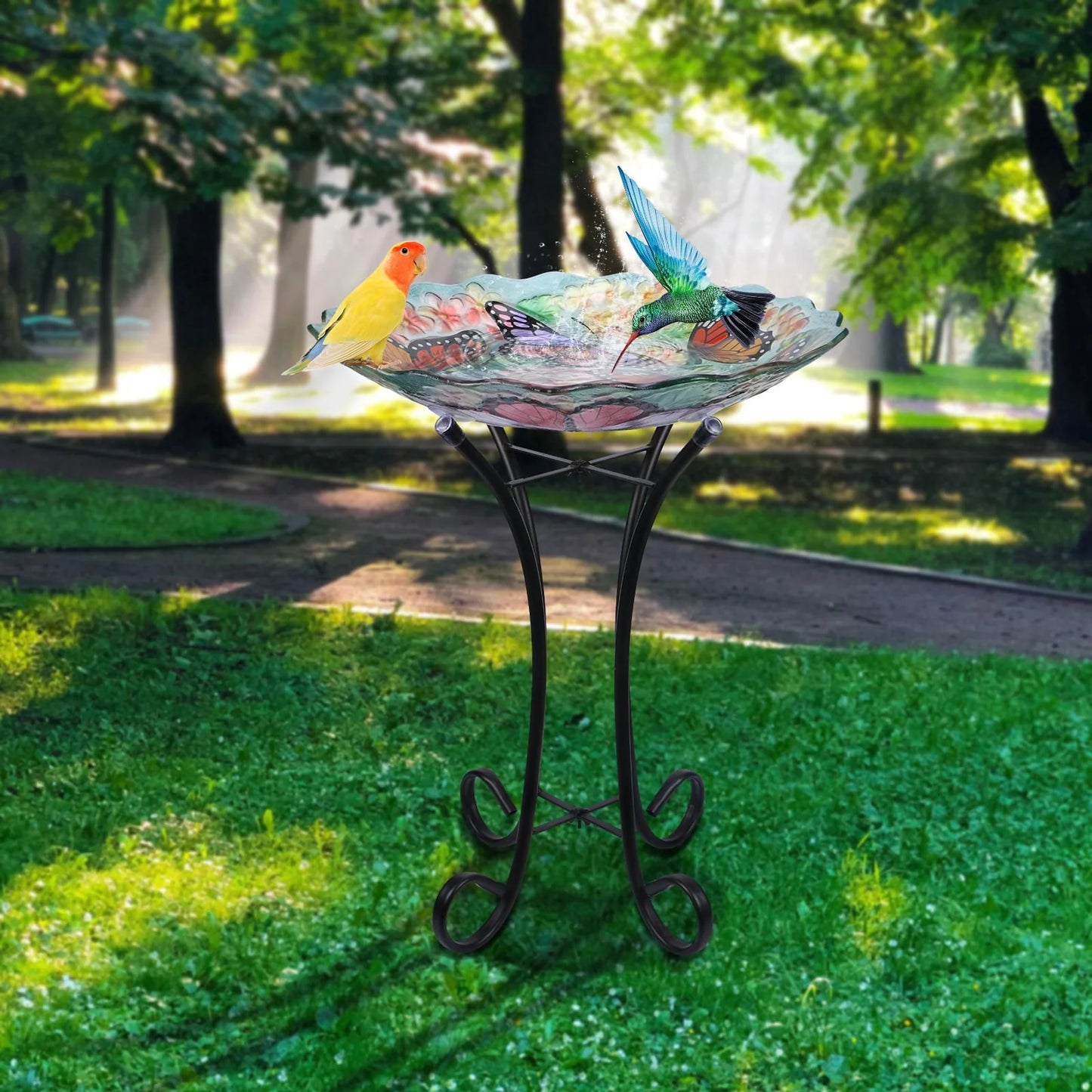 Glass Birdbath with Metal Stand Outdoor for Lawn Yard Garden Butterfly Decor, 18°?Dia 21.65°?Height
