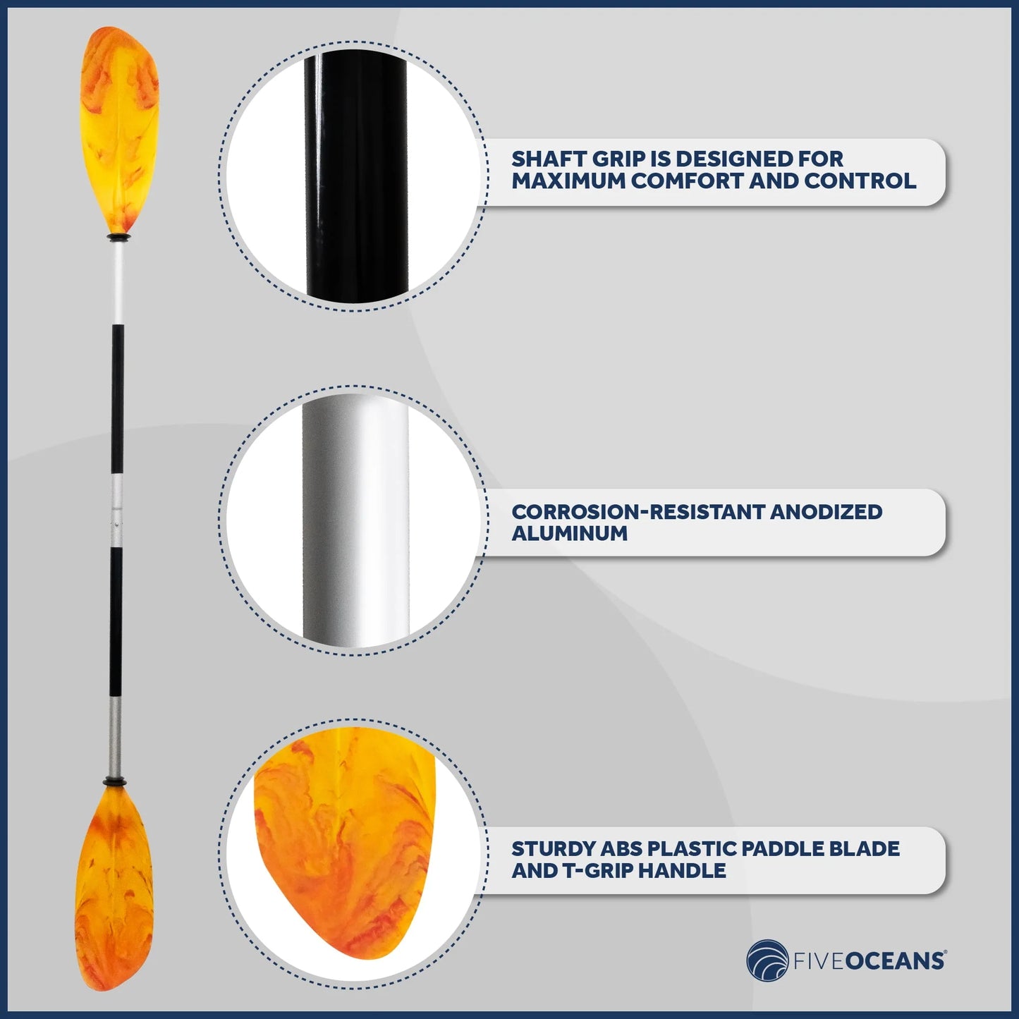 Five Oceans Kayak Paddles, 84" - 7ft Kayak Fishing Paddle, Detachable Heavy-Duty Aluminum Shaft, Reinforced Fiberglass Blades, 2-Piece Snap-Button, Lightweight Paddle Design for all Kayaks - FO2880