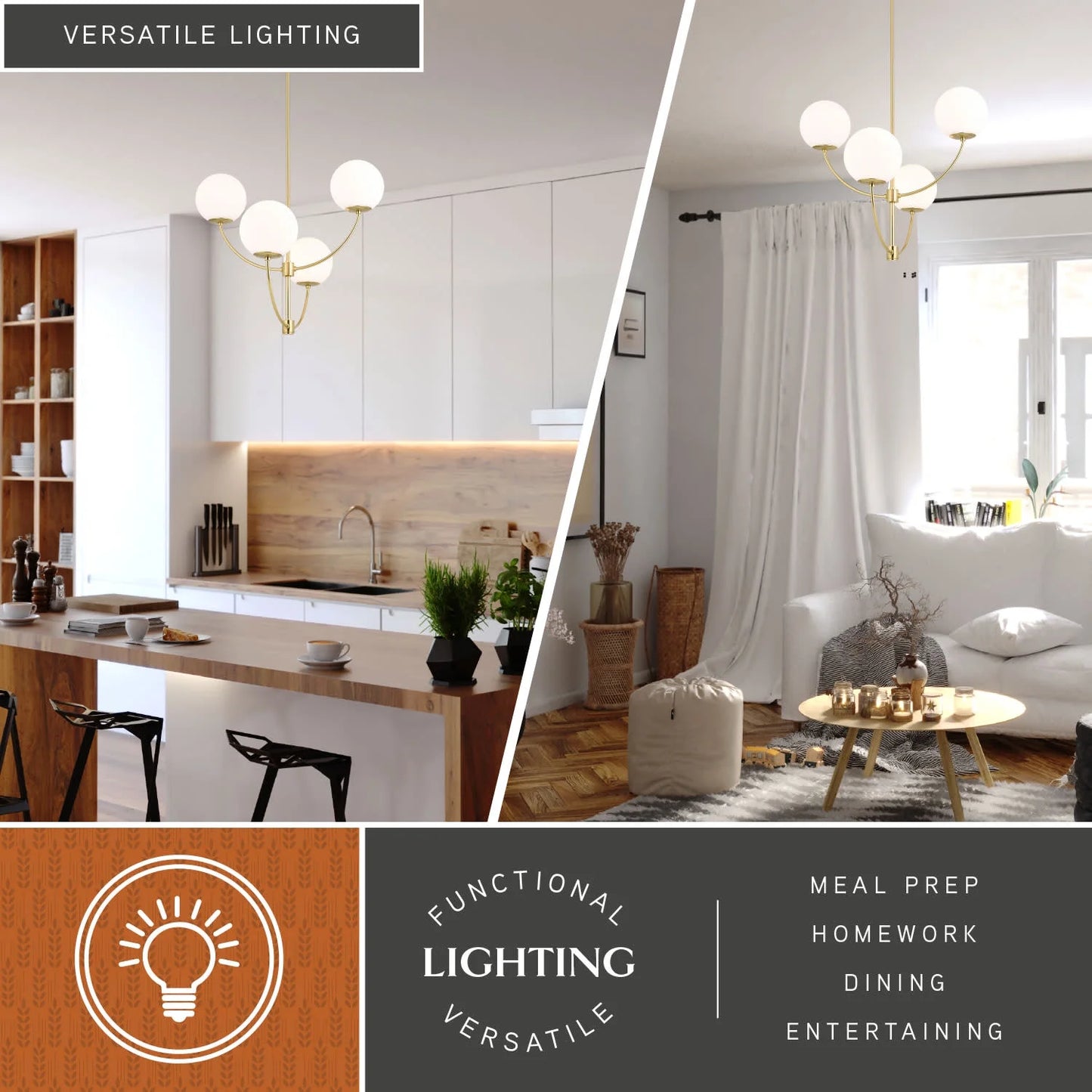 Avers 4 Light LED Compatible Gold Brass Mid-Century Modern Chandelier White Globe Glass
