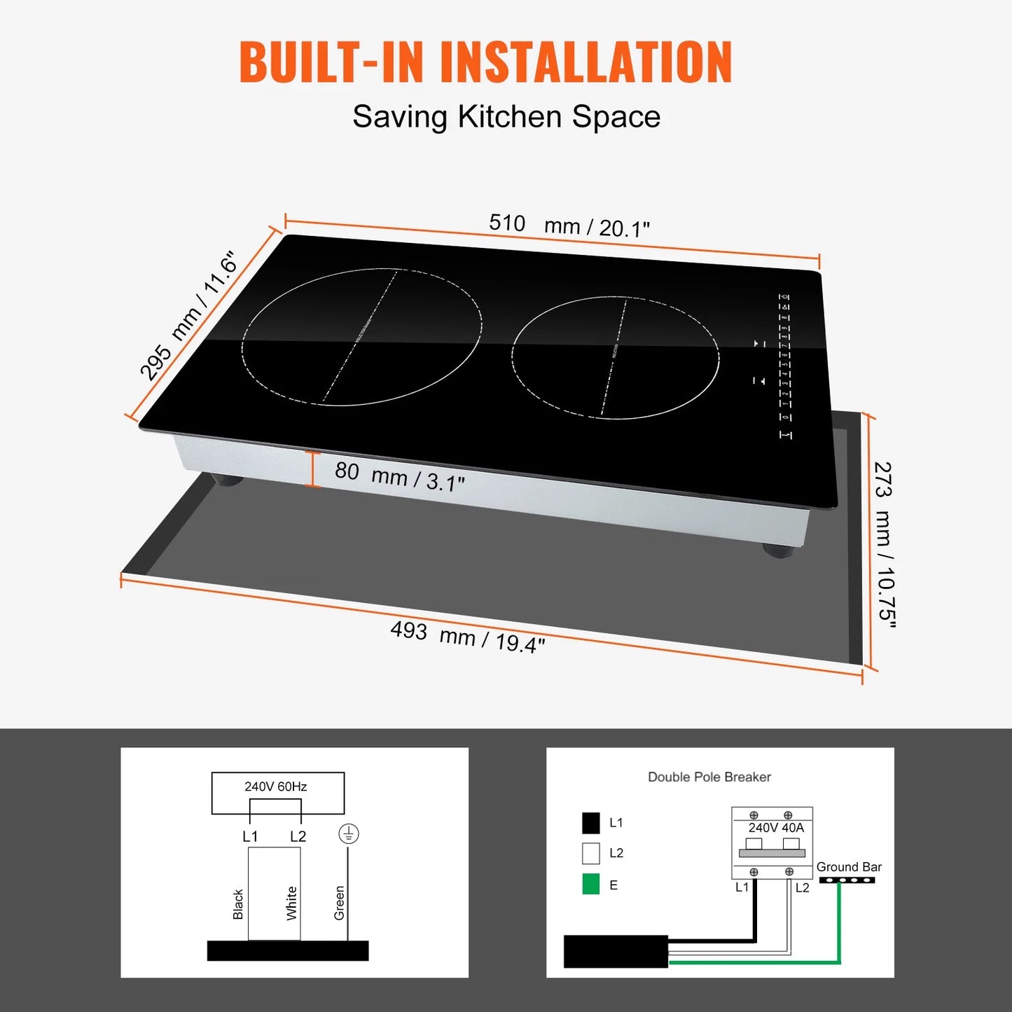 KFFKFF 2 Burner Electric Cooktop, 12 -Inch Built -In Electric Stove Top with 9 Heating Levels and Touch Control, Easy To Clean Ceramic Glass Surface