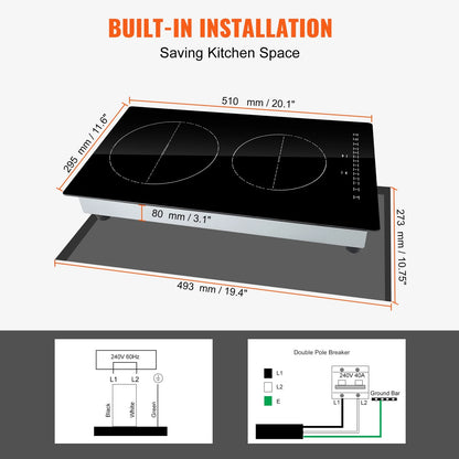 KFFKFF 2 Burner Electric Cooktop, 12 -Inch Built -In Electric Stove Top with 9 Heating Levels and Touch Control, Easy To Clean Ceramic Glass Surface