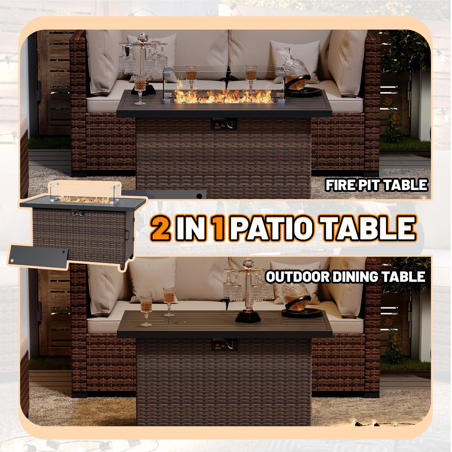44 Inch Outdoor Wicker Fire Pit Table, 50000 BTU Propane Fire Pits with Glass Wind Guard and Lid, Patio Gas Fire Pit for Outside Patio and Garden(Brown)
