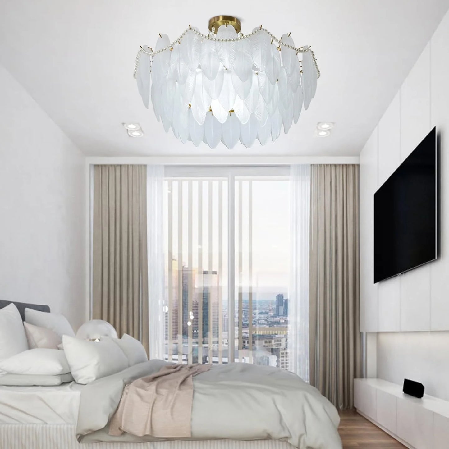 Miumaeov 12-Light Large Glass Chandelier Round Nordic-Feather Pendant Lamp Luxury Hanging Lamp for Living Room Kitchen Island D31.5 X H25.6