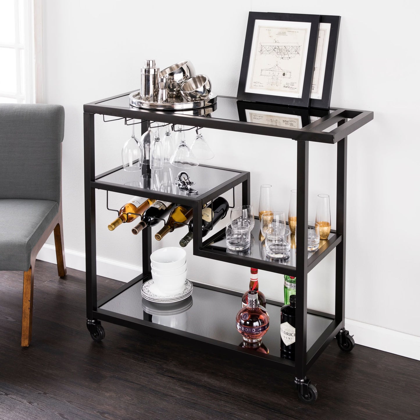 Holly & Martin Zephs indoor Bar Cart - Gunmetal Gray with Black Glass 40 x 37.5