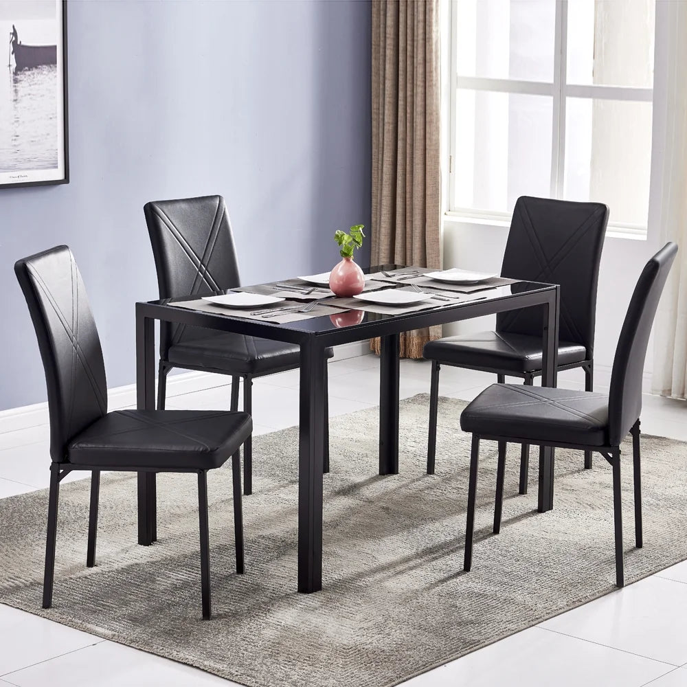 PAPROOS Glass Dining Table, Modern Rectangular Dining Room Table, Kitchen Tempered Glass Dining Table with 4 Square Metal Legs, Heavy Duty Dinette Table for 4, Black