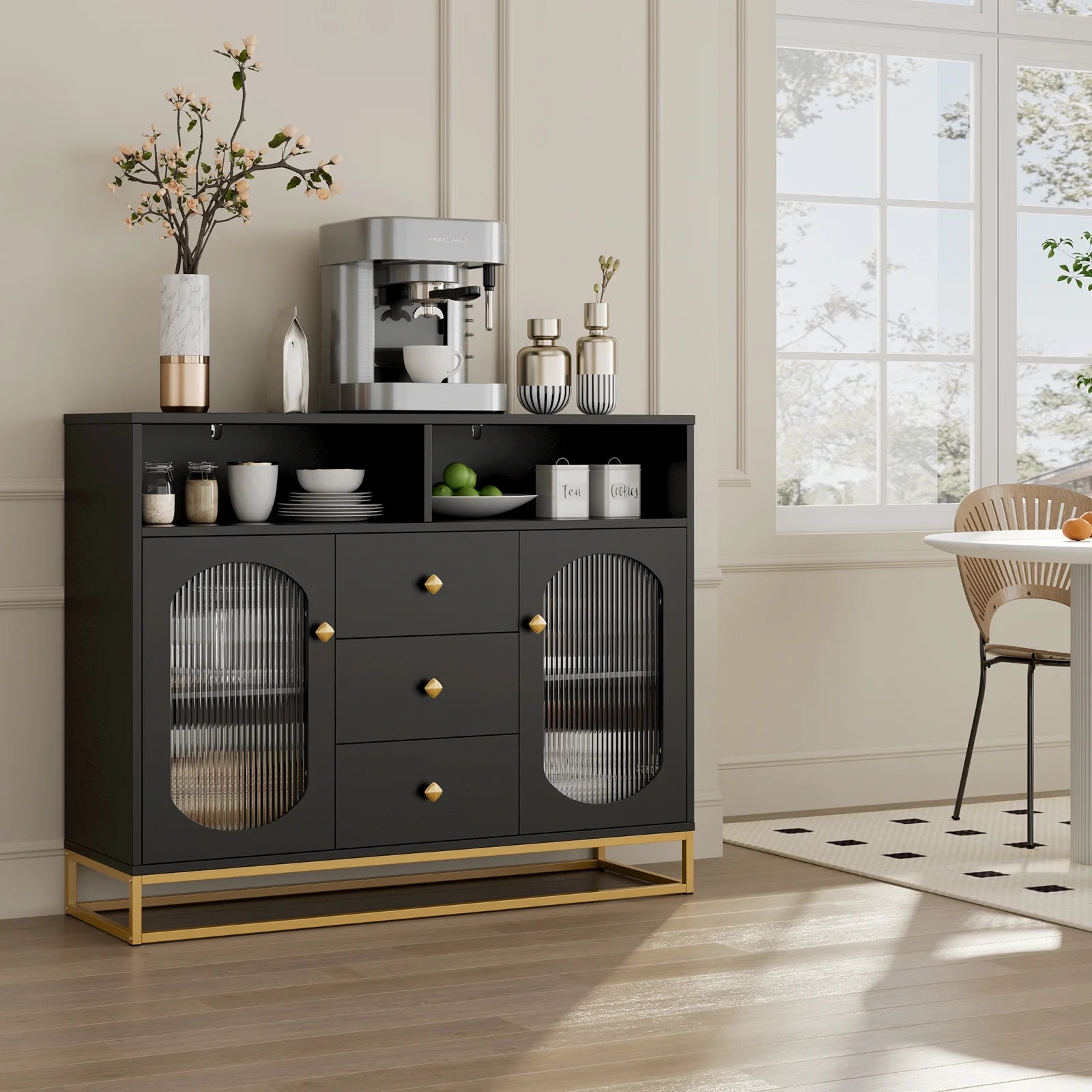 Homfa Sideboard Buffet, 3 Drawers Accent Cabinet with Open Shelf & Glass Doors, Black