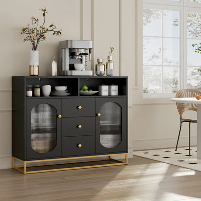Homfa Sideboard Buffet, 3 Drawers Accent Cabinet with Open Shelf & Glass Doors, Black
