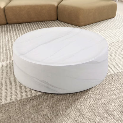 31.49'' Round Coffee Table with Marble Texture, Modern Low Drum Circle Fiberglass Coffee Table, Side Table Accent Table for Living Room, Outdoor, No Need Assembly, Marble