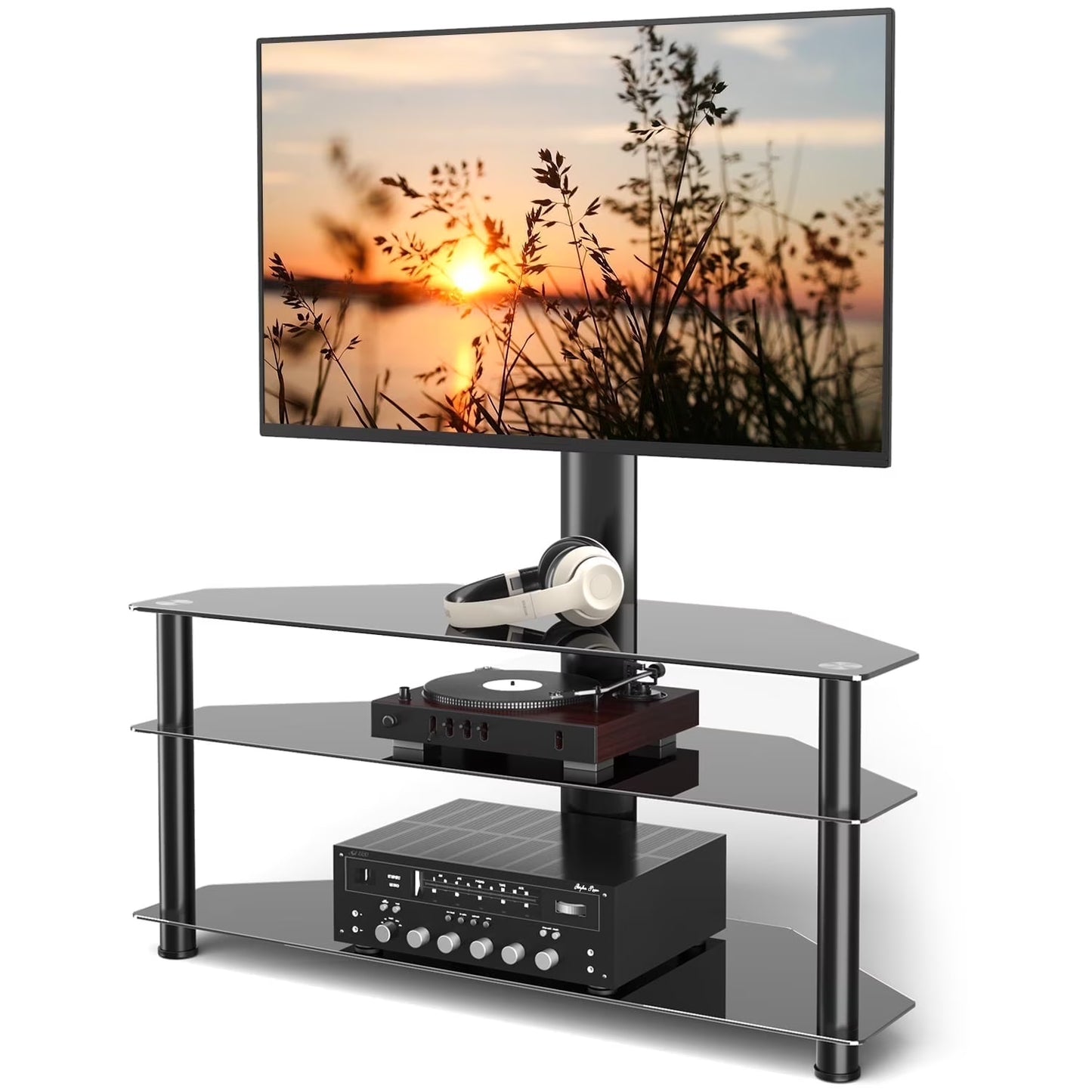 RTVR Modern 3 in 1 TV Stand with Mount for Flat Screens up to 65 inch, Black Glass Corner TV Stand for Bedroom
