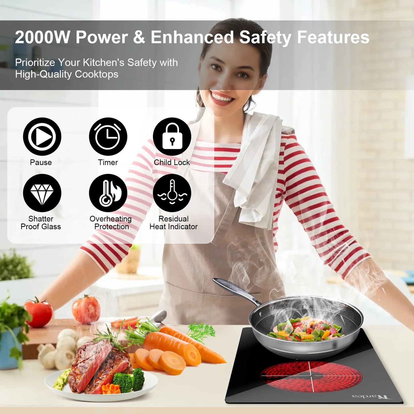 Double Burner Electric Cooktop Hot Plates for Cooking, 110V Plug in Portable Electric Stove Top, 12 Inch Countertop & Built -in Radiant Ceramic Glass Cooktop with Slide Control, 2000W