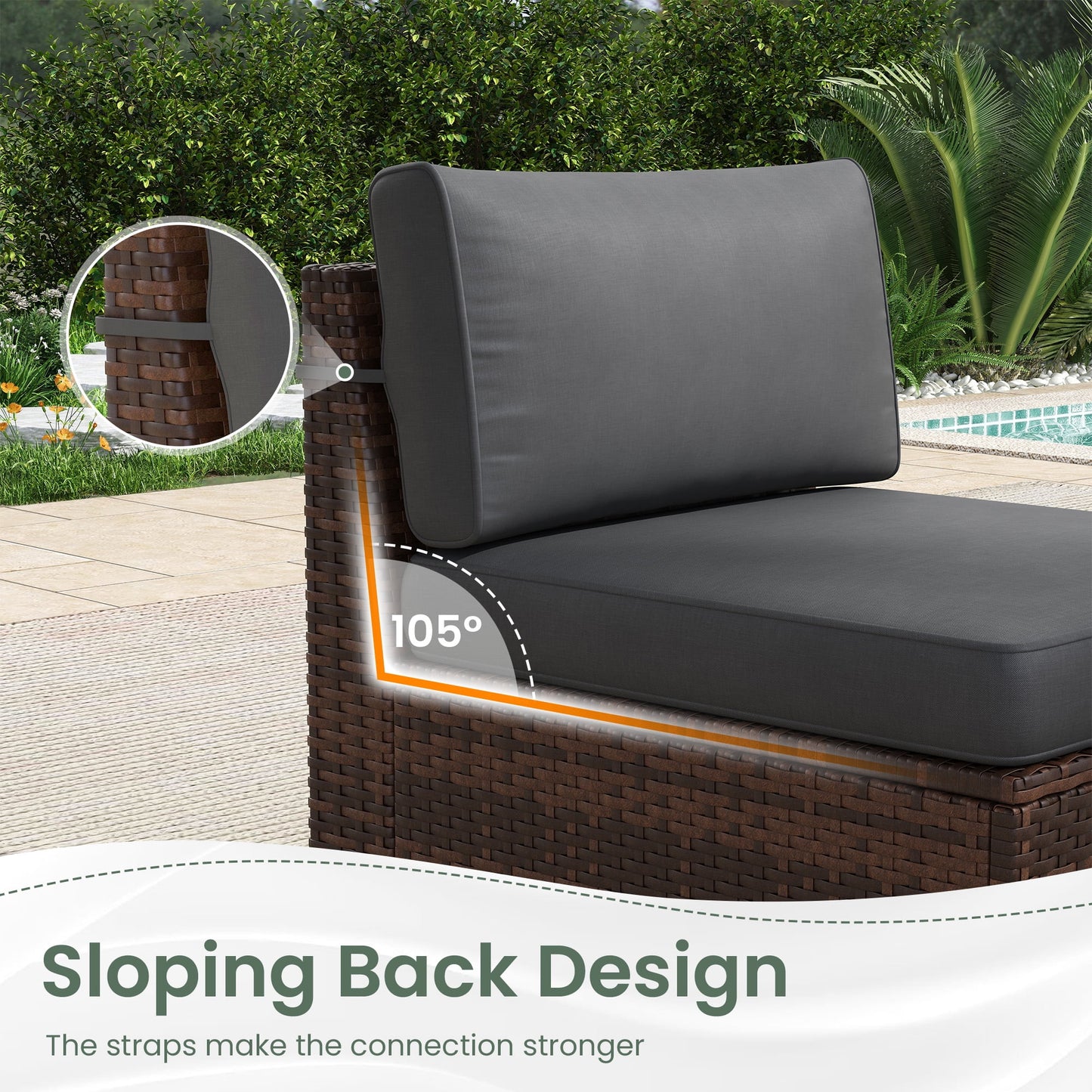 Poteban 7 Pieces Outdoor Sectional Sofa Set , PE Wicker Rattan Slanted Back Outdoor Conversation with Cushions and Glass Coffee Table for Backyard Garden, Dark Gray