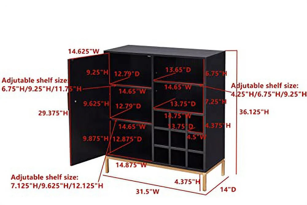 Kings Brand Furniture - Grant Buffet Bar Liquor Cabinet with Wine Rack Storage and Glass Holder, Black