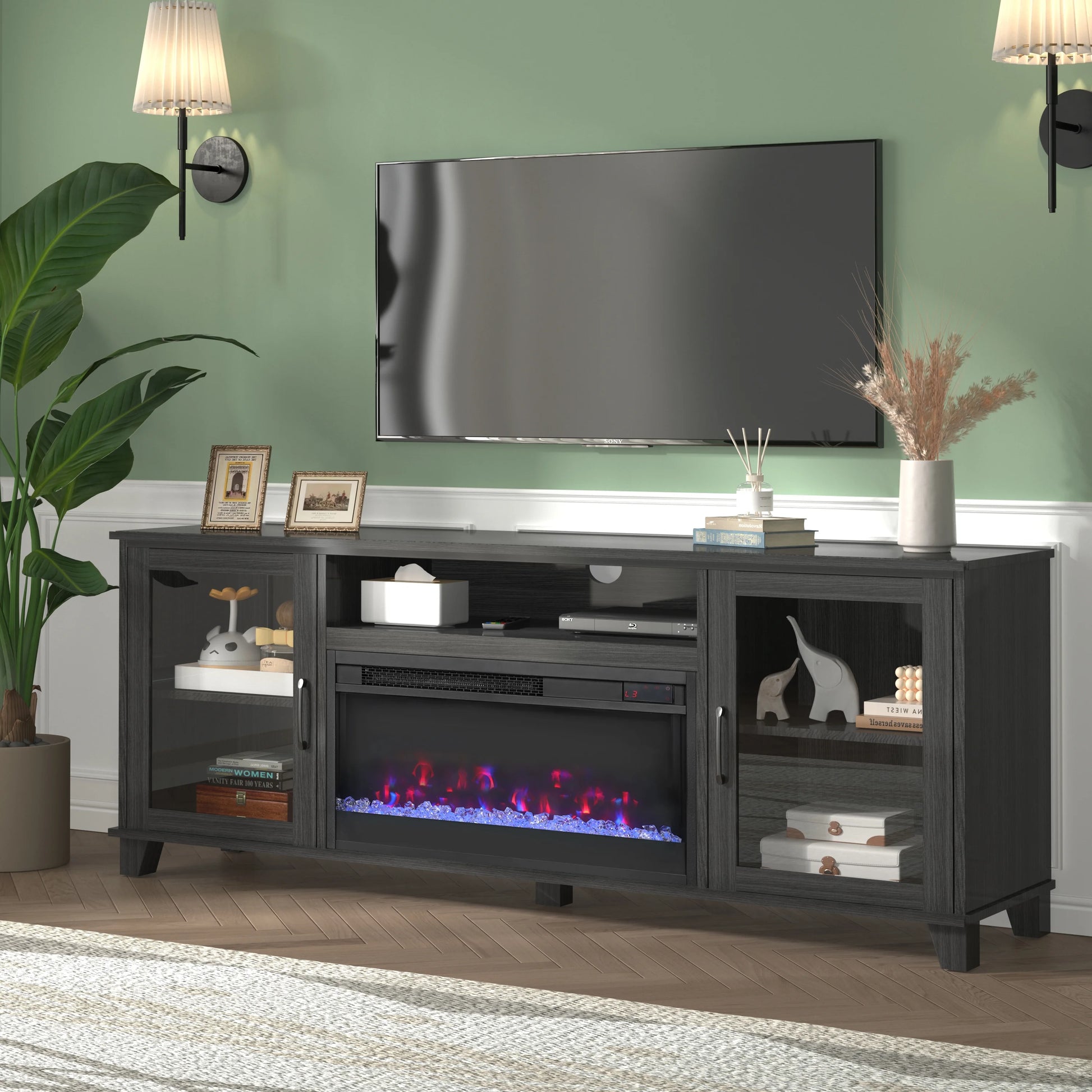 Fireplace TV Stand for 60 inch TV, Modern Entertainment Center With Glass Fireplace, Electric Fireplace TV Cabinet for Living Room, with Remote Control Fireplace, Black