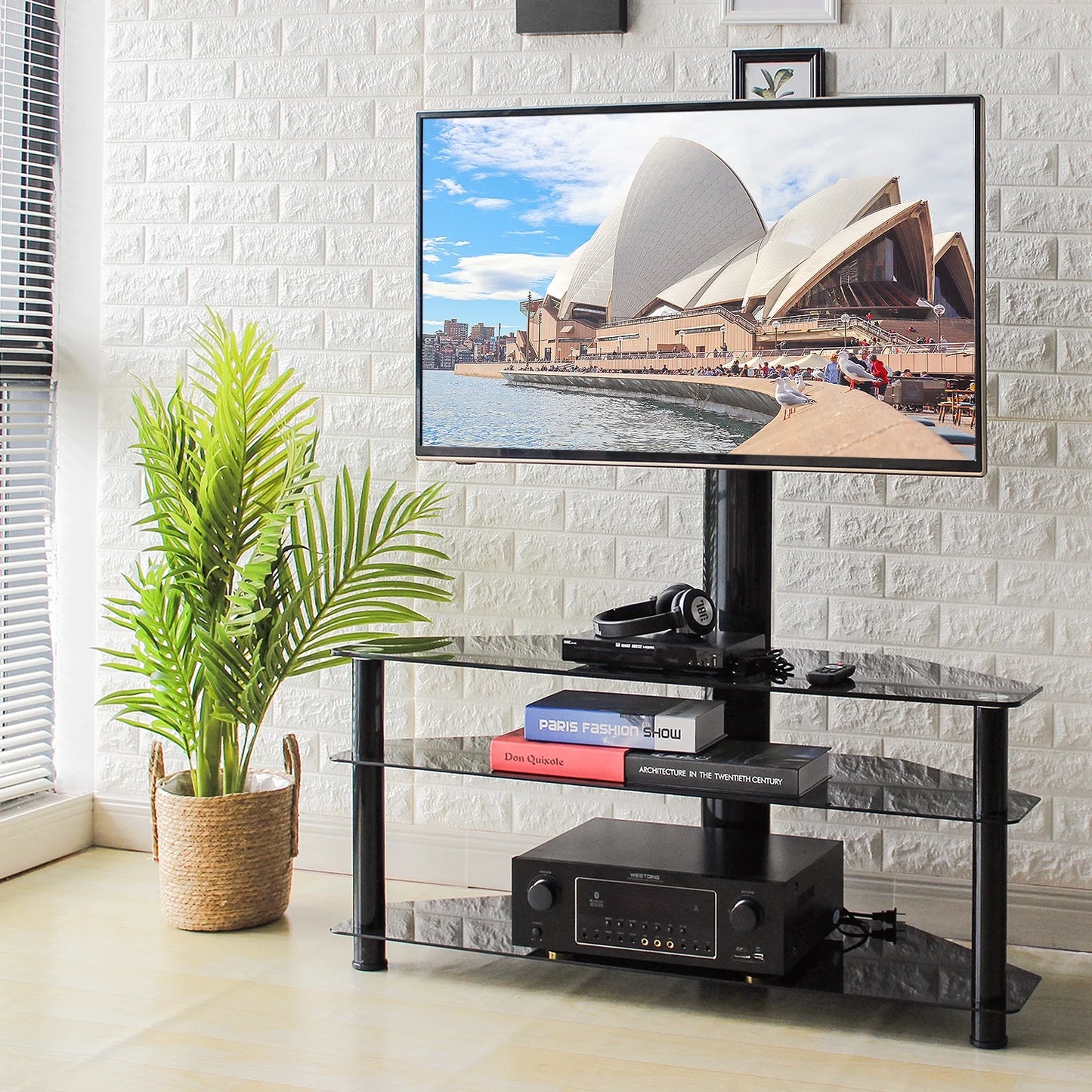 RTVR Modern 3 in 1 TV Stand with Mount for Flat Screens up to 65 inch, Black Glass Corner TV Stand for Bedroom