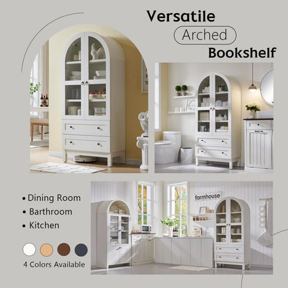 IFGET 71-Inch Arched 4-Tier Bookcase with Glass Doors and Drawers