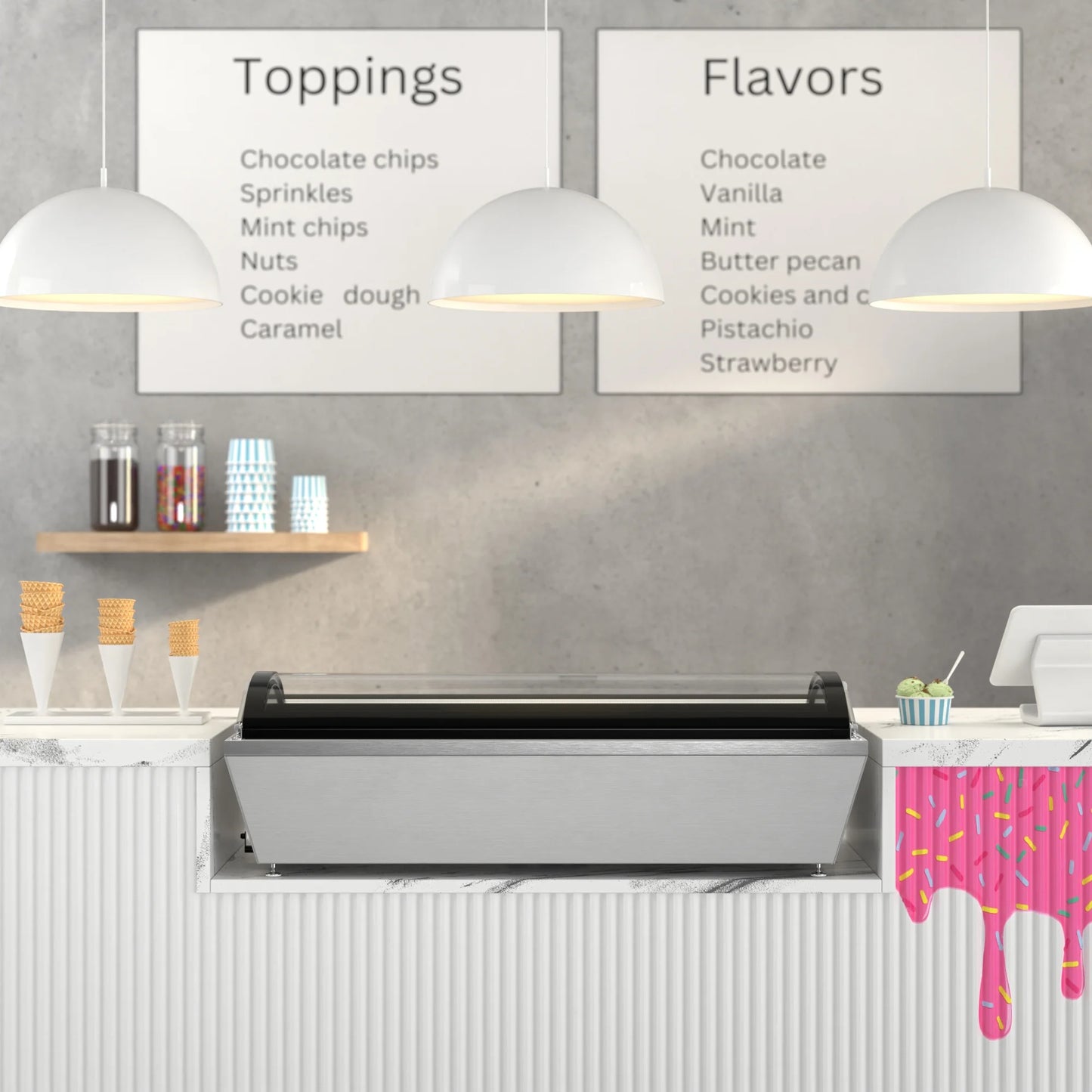 45 in. Countertop Ice Cream Display Freezer with Curved Glass Top and 6 Pans