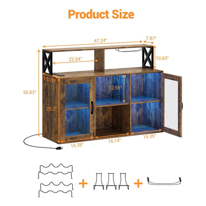 Home Wine Bar Cabinet with LED Light, Industry Coffee Bar Cabinet with Wine Rack, Glass Holder, and Power Outlets, Kitchen Sideboard Buffet Cabinet for Living Room Dining Room