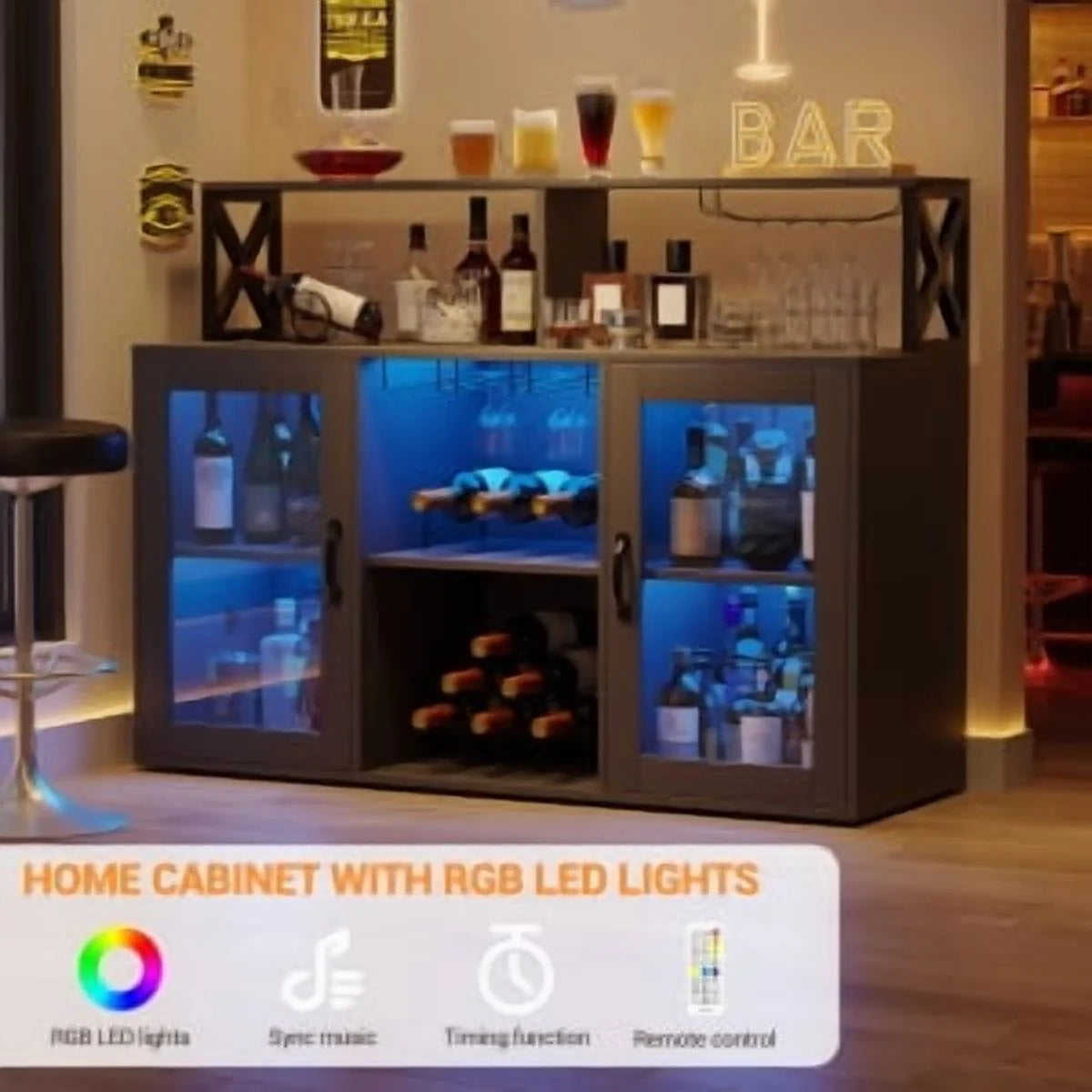 Historyli Wine Cabinet with LED Light,Bar Cabinet with Wine Rack,Glass Holder,and Power Outlets,for Living Room Office,Black