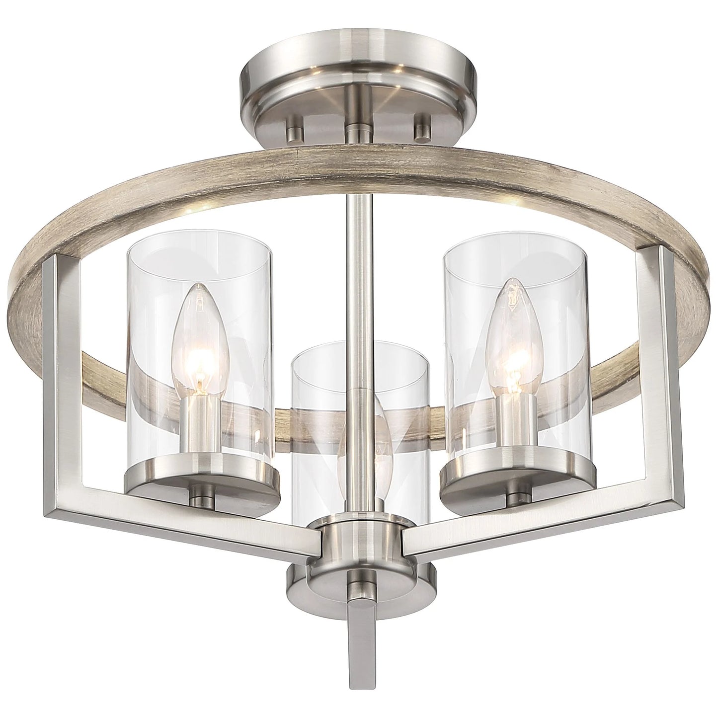 Possini Euro Design Senna Modern Industrial Ceiling Light Semi Flush Mount Fixture 15" Wide Brushed Nickel Gray Wood 3-Light Clear Glass for Bedroom