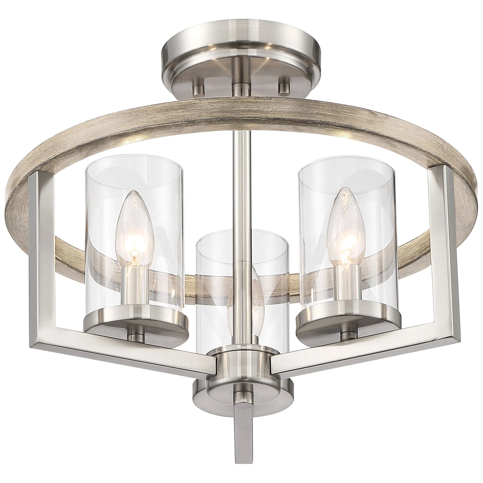 Possini Euro Design Senna Modern Industrial Ceiling Light Semi Flush Mount Fixture 15" Wide Brushed Nickel Gray Wood 3-Light Clear Glass for Bedroom